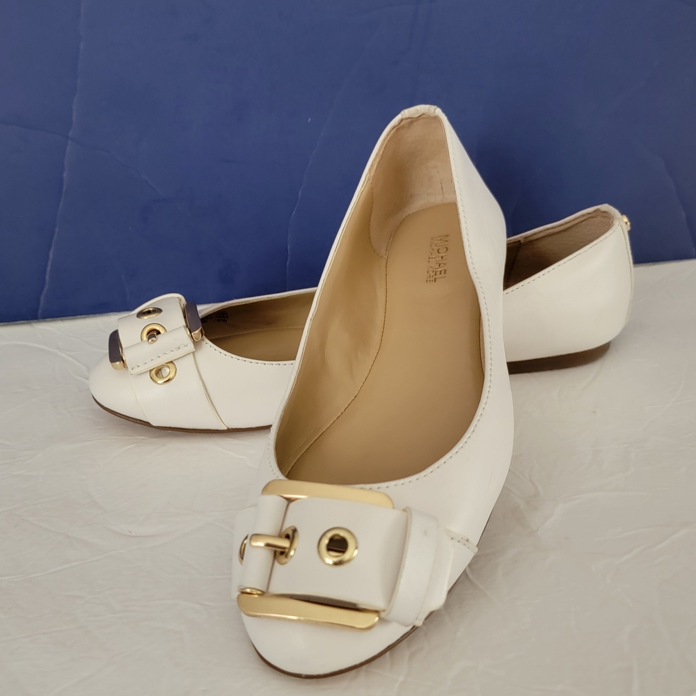 White Leather Flats with Gold Buckle